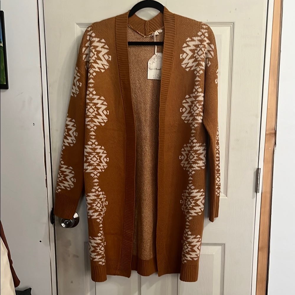 Hem & Thread Brown and White Geometric Cardigan